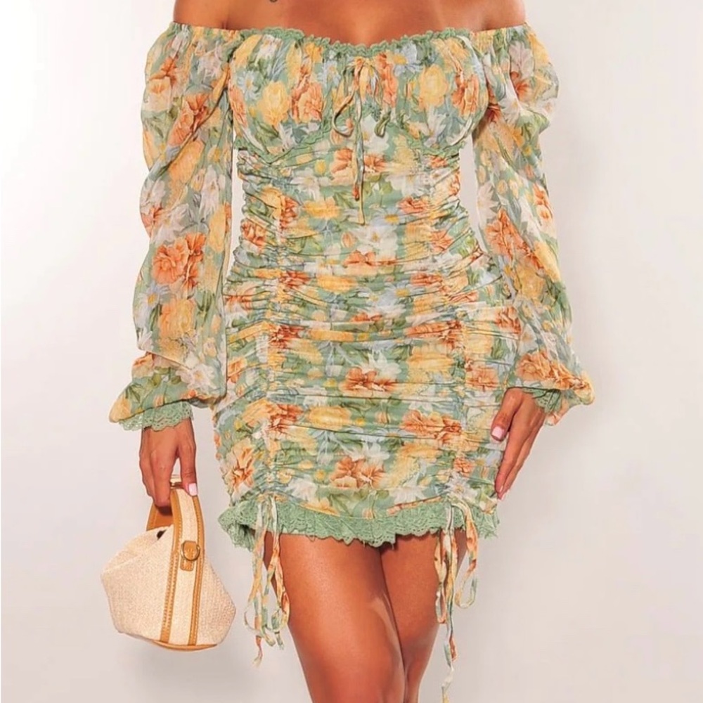 Hot Miami Styles Floral Long Sleeve Dress in Green and Orange